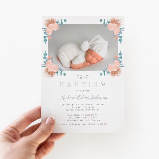 Elegantes Blumenjungen Foto Taufe Folieneinladung