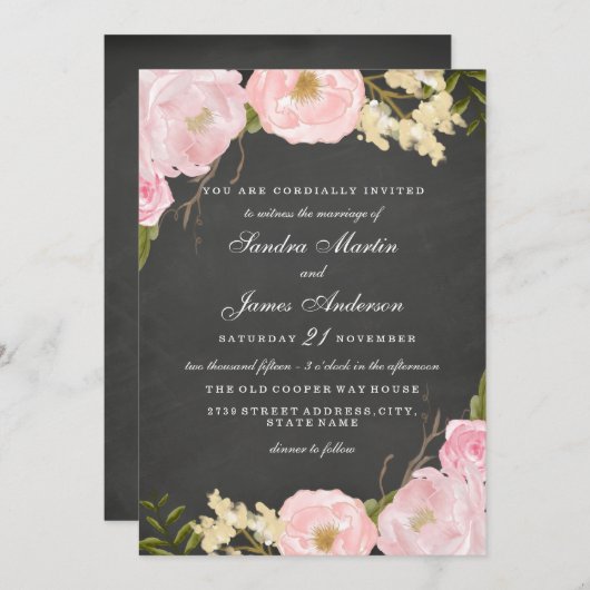 Elegantes Blumenkhalkboard Einladung zur Hochzeit (Vorne/Hinten)