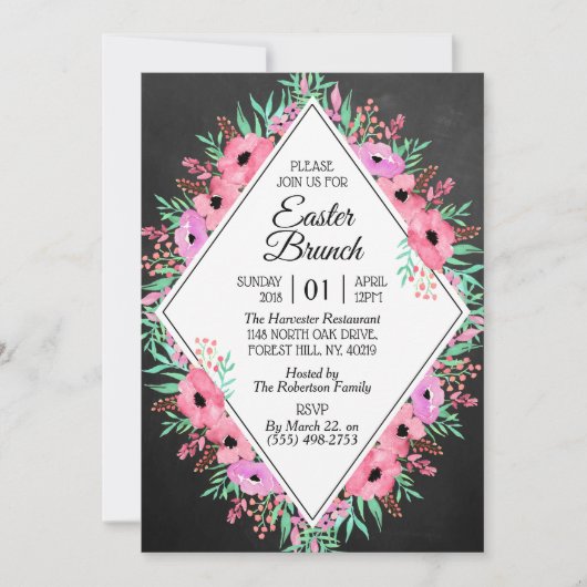 Elegantes Blumenkhalkboard Osterbrunch Einladung (Vorderseite)