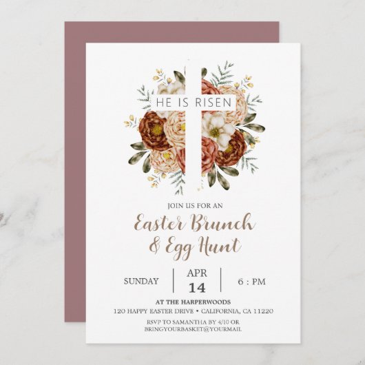 Elegantes Blumenkreuz Christlich Ostern Brunch Einladung (Vorne/Hinten)