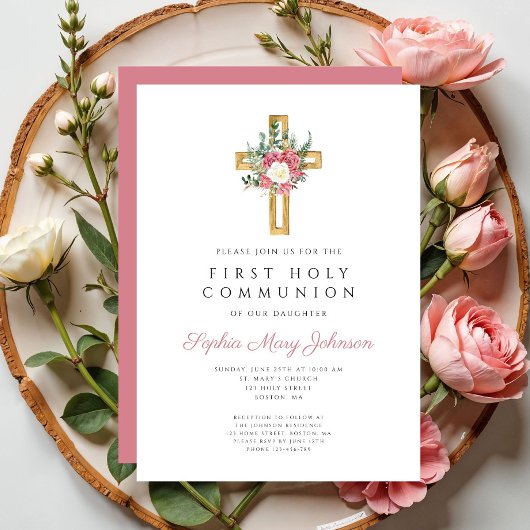 Elegantes Blumenkreuz Erste Heilige Kommunion Einladung