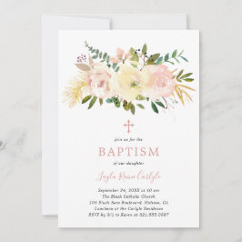 Elegantes Blumenkreuz Rosa Baby Girl Taufe Einladung