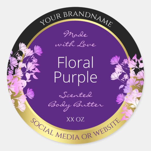 Elegantes Blumenlabel Schwarzes Gold und Lila Runder Aufkleber (Vorderseite)