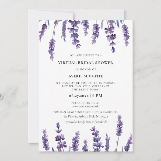 Elegantes Blumenlavender Virtual Brautparty Einladung (Vorderseite)