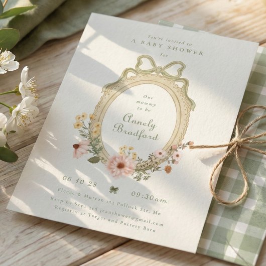 Elegantes Blumenmädchen Salbei-Schleife gerahmte B Einladung