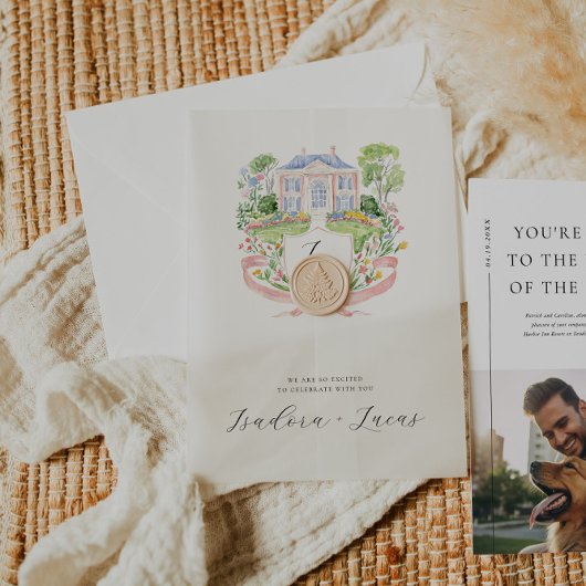 Elegantes Blumenmanor Wedding Wappen Pergament Einladungen