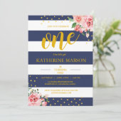 Elegantes Blumenmarine-Weiß Stripes Einladung (Stehend Vorderseite)