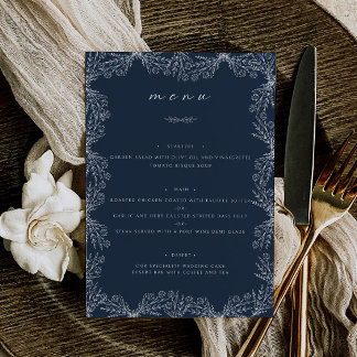 Elegantes Blumenmeer Blauer Hochzeitstisch Abendes Menükarte