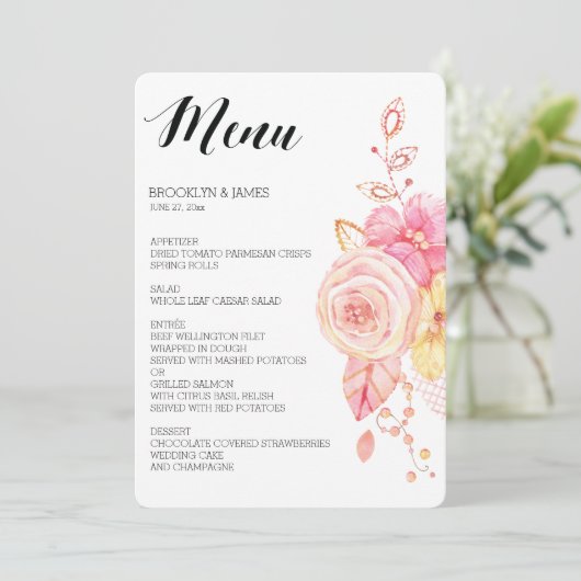 Elegantes Blumenmenü Pearls Lace Menükarte (Stehend Vorderseite)