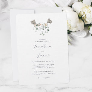 Elegantes Blumenmoose Antler Wedding Wappen Einladung