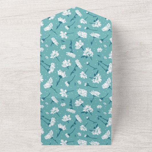 Elegantes Blumenmuster - Aquamarin & weiß botanisc All In One Einladung (Außenbereich)