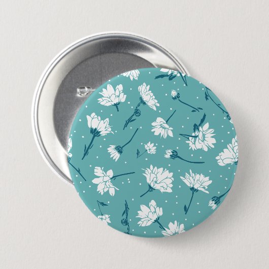 Elegantes Blumenmuster - Aquamarin & weiß botanisc Button (Vorne & Hinten)