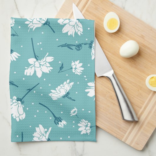 Elegantes Blumenmuster - Aquamarin & weiß botanisc Geschirrtuch (Viertel Falte)