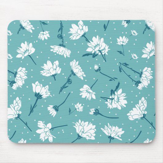 Elegantes Blumenmuster - Aquamarin & weiß botanisc Mousepad (Vorne)