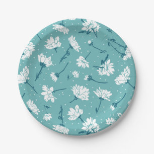 Elegantes Blumenmuster - Aquamarin & weiß botanisc Pappteller