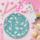 Elegantes Blumenmuster - Aquamarin & weiß botanisc Pappteller (Party)