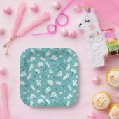 Elegantes Blumenmuster - Aquamarin & weiß botanisc Pappteller (Party)