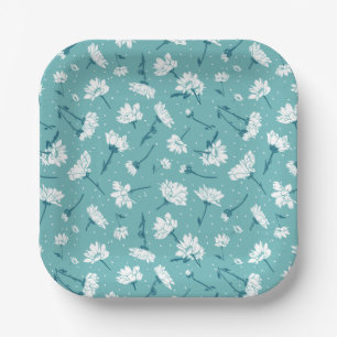 Elegantes Blumenmuster - Aquamarin & weiß botanisc Pappteller