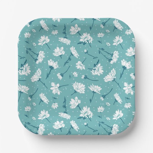 Elegantes Blumenmuster - Aquamarin & weiß botanisc Pappteller (Vorderseite)