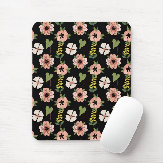 Elegantes Blumenmuster auf Schwarz | Schicke Botan Mousepad (Mit Mouse)