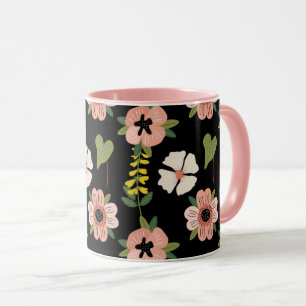 Elegantes Blumenmuster auf Schwarz   Schicke Botan Tasse