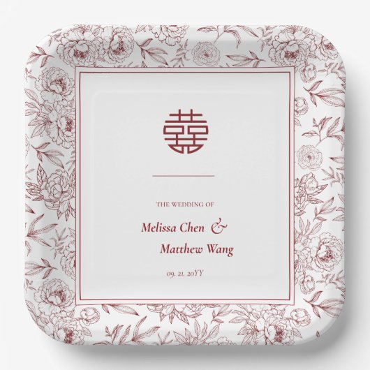 Elegantes Blumenmuster Double Xi Chinesische Hochz Pappteller (Vorderseite)