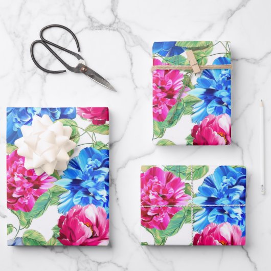 Elegantes Blumenmuster in Blau und Rosa Hydrangea Geschenkpapier Set (Vorderseite)