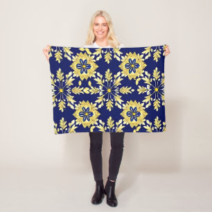 Elegantes Blumenmuster in Gold und Blau Fleecedecke