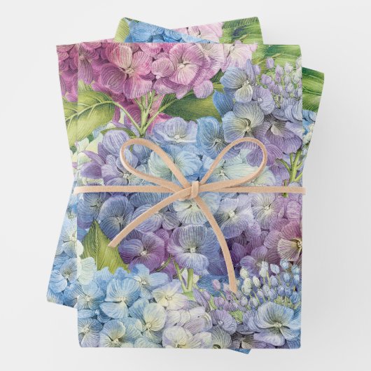 Elegantes Blumenmuster mit blauem Rosa Hydrangea-M Geschenkpapier Set (Beispiel)