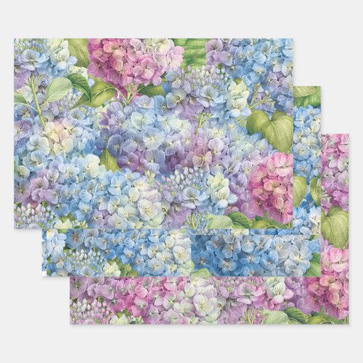 Elegantes Blumenmuster mit blauem Rosa Hydrangea-M Geschenkpapier Set (Set)