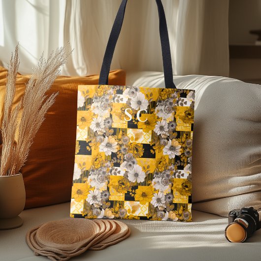 Elegantes Blumenmuster mit Gelb, Grau, Schwarz Tasche