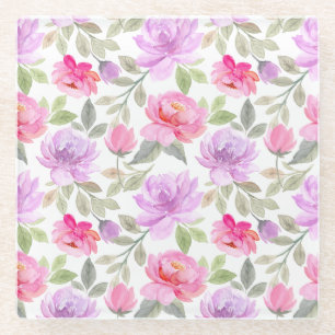 Elegantes Blumenmuster mit roten und blauen Blätte Glasuntersetzer