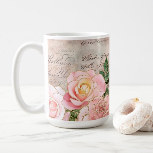 Elegantes Blumenmuster mit Vintagem Skript und ros Kaffeetasse (Mit Donut)