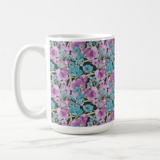 Elegantes Blumenmuster Rosa Lila Schwarzes Hinterg Kaffeetasse (Links)