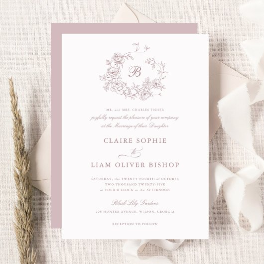 Elegantes Blumenpfropfen-Monogramm für Rose Wreath Einladung