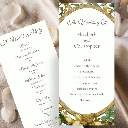 Elegantes Blumenrahmen-Hochzeitsprogramm in golden Programm