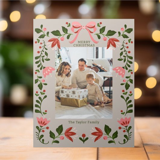 Elegantes Blumenrahmen Weihnachts-Foto Feiertagskarte
