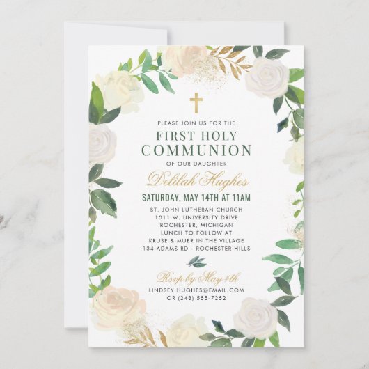 Elegantes Blumenreath Erste Kommunion Grünes Gold Einladung (Vorderseite)