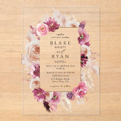 Elegantes Blumenrosa, Burgund, Champagner Hochzeit Acryleinladungen (Vorderseite)