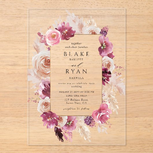 Elegantes Blumenrosa, Burgund, Champagner Hochzeit Acryleinladungen (Vorderseite)