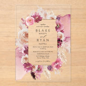 Elegantes Blumenrosa, Burgunder Wasserfarbenhochze Acryleinladungen (Vorderseite)