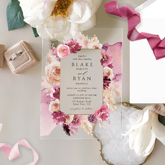 Elegantes Blumenrosa, Burgunder Wasserfarbenhochze Acryleinladungen