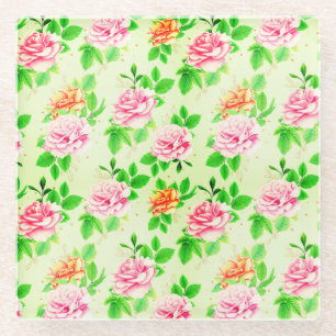 Elegantes Blumenrosen-Muster mit grünen Blättern-2 Glasuntersetzer