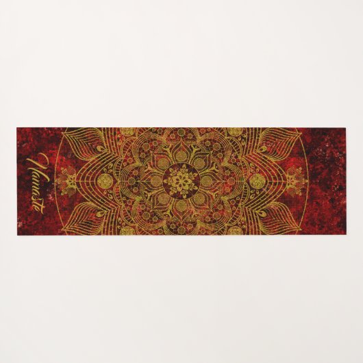 Elegantes Blumenrot, Schwarz & Gold Mandala Namast Yogamatte (Rückseite (Horizontal))