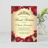 Elegantes, blumenrotes und goldenes Themed 16 . Ge Einladung (Stehend Vorderseite)