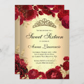 Elegantes, blumenrotes und goldenes Themed 16 . Ge Einladung (Vorne/Hinten)