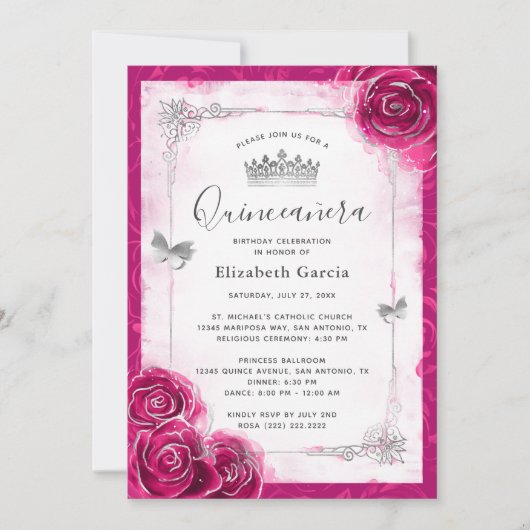 Elegantes Blumensilber und Fuchsia Quinceanera Einladung (Vorderseite)