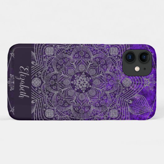 Elegantes Blumensilber und Lila Mandala Monogramm Case-Mate iPhone Hülle (Rückseite (Horizontal))