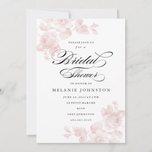 Elegantes Blumenskript-Brautparty Einladung (Vorderseite)