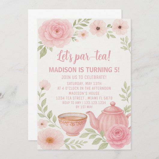 Elegantes Blumenteeer Party Einladung zum Geburtst (Vorne/Hinten)